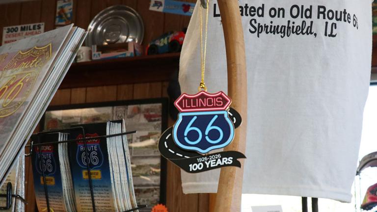 A Route 66 centennial logo ornament hung on display at Cozy Dog Drive In. (Chloe Park / Medill Illinois News Bureau)