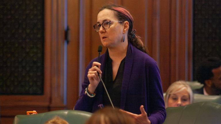 State Rep. Kelly Cassidy, D-Chicago, on the House floor in April 2026. (Jenna Schweikert / Capitol News Illinois)