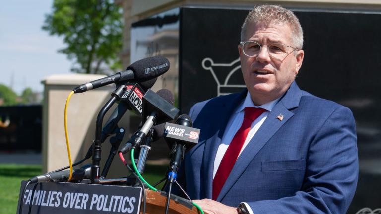 Republican candidate for governor Darren Bailey holds a news conference at the Illinois Peace Officers Memorial outside the Capitol in Springfield on Thursday, April 30, 2026. (Jenna Schweikert / Capitol News Illinois)