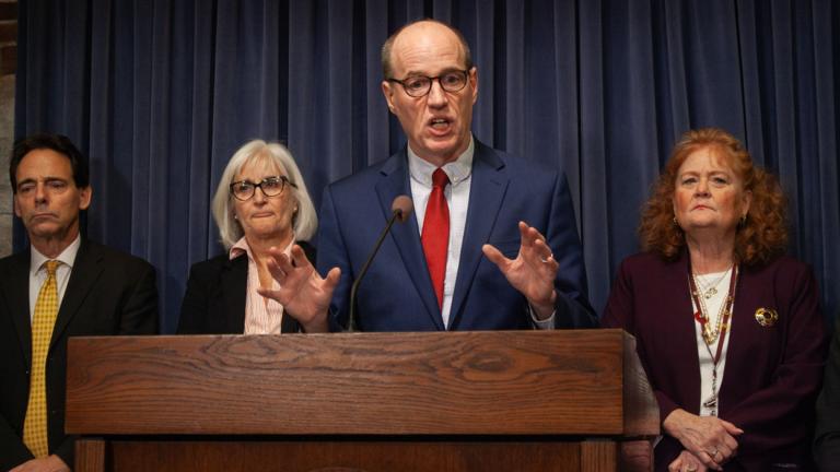 Sen. Bill Cunningham speaks at a news conference announcing the AI bill package on Wednesday, May 13, 2026. Cunningham said the package came, in part, out of a lack of federal action to regulate AI. (Jenna Schweikert / Capitol News Illinois)