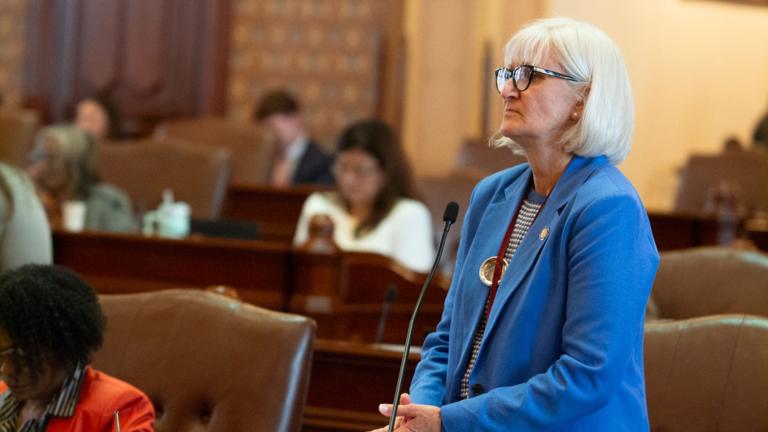 State Sen. Mary Edly-Allen, the bill’s sponsor, speaks on the Senate floor May 20, 2026. Edly-Allen’s bill seeks to regulate the most advanced forms of AI models. (Jerry Nowicki / Capitol News Illinois)