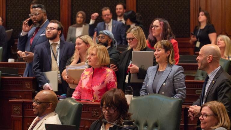 House Democrats surround Rep. Robyn Gabel, D-Evanston, as they vote on the fiscal year 2027 budget in the early hours of June 1, 2026. (Jerry Nowicki / Capitol News Illinois)