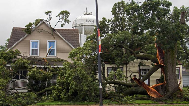 Storm damage can be seen throughout Lansing, Illinois, on Aug. 14, 2026. (Maggie Dougherty / Capitol News Illinois)
