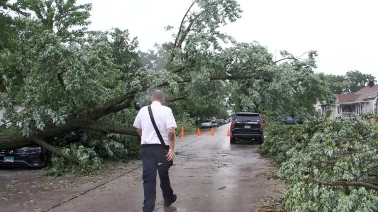 Storm damage can be seen throughout Lansing, Illinois on Aug. 14, 2026. (Maggie Dougherty / Capitol News Illinois)