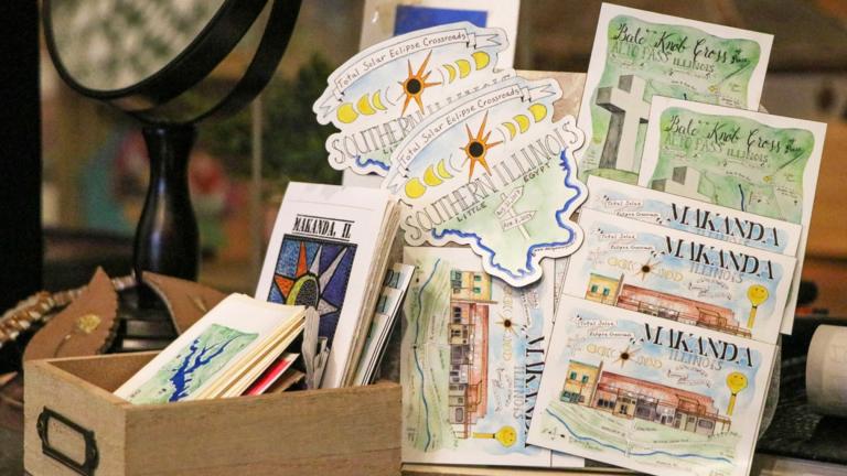 Stickers advertise tourism attractions in southern Illinois. (Sonya Dymova / Medill Illinois News Bureau)