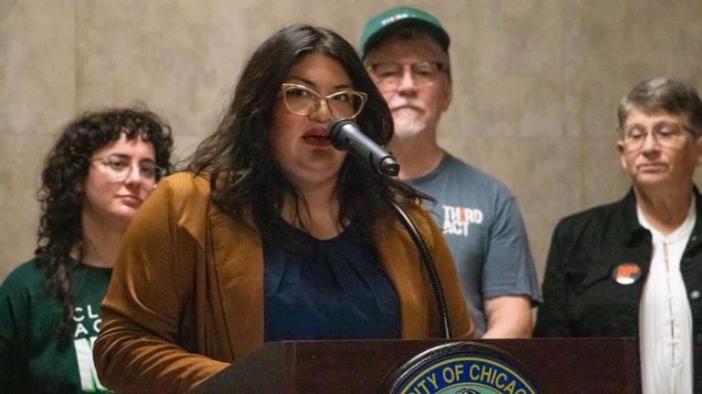 State Sen. Graciela Guzmán, D-Chicago, speaks at a Sept. 29, 2026, news conference at Chicago City Hall. (Maggie Dougherty / Capitol News Illinois)
