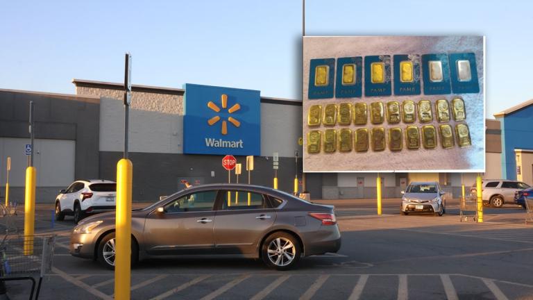 Six 1-ounce and 20 100-gram gold bars valued at just over $318,000 pictured before the victim packaged them at the direction of “Kevin Jones” and handed them over in the Marion Walmart parking lot. (Capitol News Illinois illustration; Homeland Security Investigations affidavit filed in federal court, Photo by Soph Levinson, Saluki Local Reporting Lab)