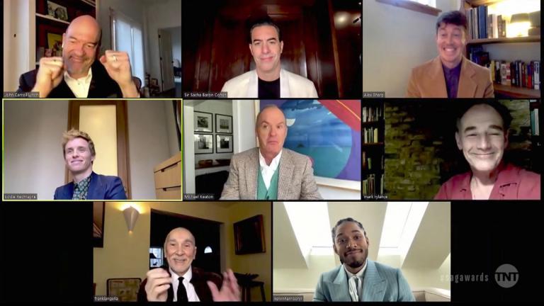 In this video grab provided by the SAG Awards, the cast of “The Trial of the Chicago 7” accepts the award for outstanding performance by a cast in a motion picture during the 27th annual Screen Actors Guild Awards on April 4, 2021. (SAG Awards via AP)