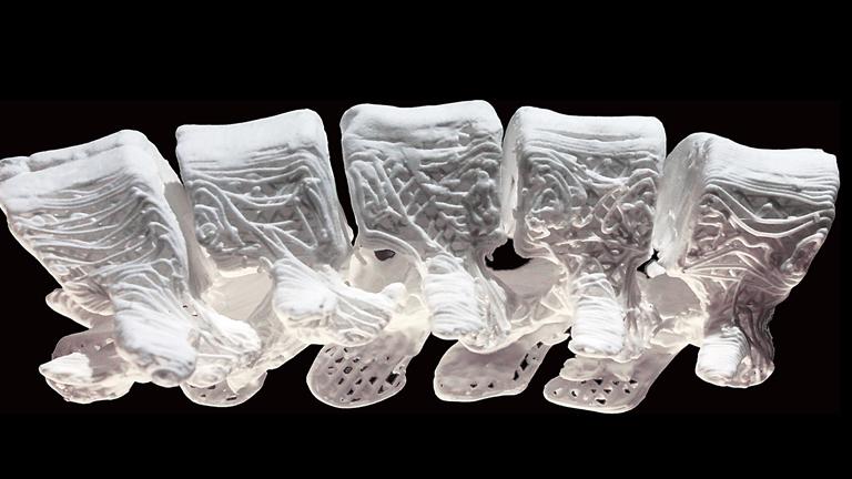 Photograph of a 3-D printed hyper-elastic bone of the human spine. (Credit: Adam E. Jakus, PhD)