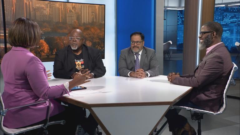 Left to right: Brandis Friedman interviews Aaron “Jitu” Brown, Angel Gutierrez and Che “Rhymefest” Smith on “Chicago Tonight” on Nov. 18, 2024. (WTTW News)