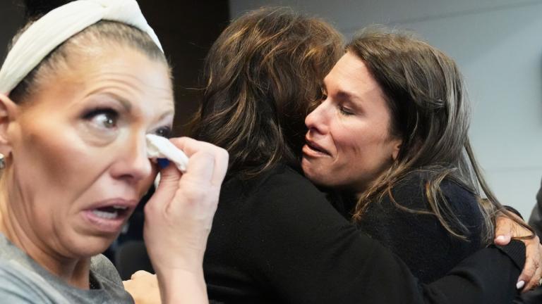 Victims, Keely Roberts, left, Sheila Gutman, center, and Dana Ruder Ring react during the sentencing hearing for Robert E. Crimo III., at the Lake County Courthouse, in Waukegan, Ill., Wednesday, April 23, 2025. (AP Photo / Nam Y. Huh, Pool)