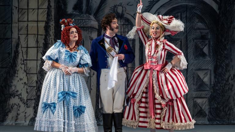 Teresa Castillo as Clorinda, Joshua Hopkins as Dandini, and Sophia Maekawa as Tisbe in “Cinderella” at the Lyric Opera House. (Michael Brosilow) 
