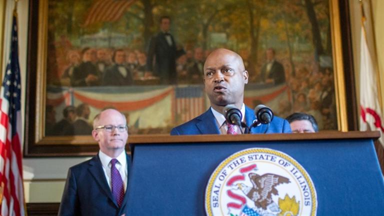 House Speaker Emanuel “Chris” Welch, D-Hillside, is pictured with Senate President Don Harmon (left), D-Oak Park. (Jerry Nowicki / Capitol News Illinois)