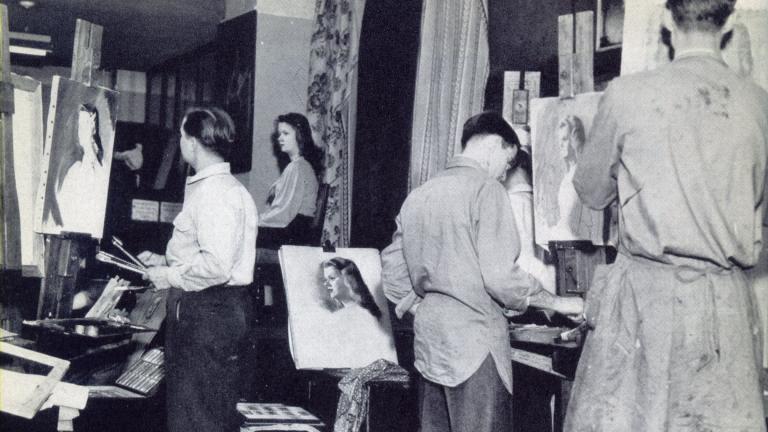 Students at the American Academy of Art College are pictured in a classroom in the 1940s. (Credit: American Academy of Art College)