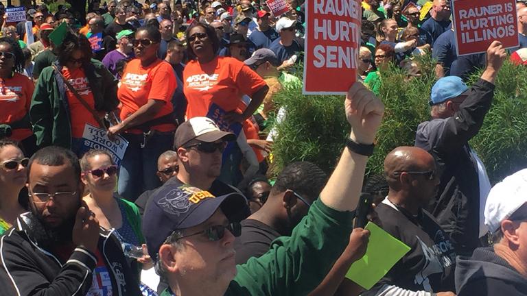 AFSCME members protest in Springfield in May 2016. (Amanda Vinicky / Chicago Tonight)