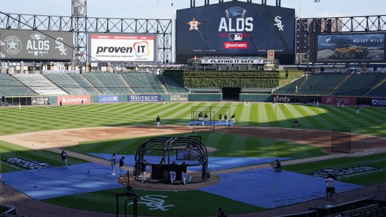 Chicago White Sox’s players warm up during a baseball workout for the American League Divisions Series, Saturday, Oct. 9, 2021, in Chicago. The White Sox host the Houston Astros in Game 3 on Sunday.(AP Photo / Nam Y. Huh)