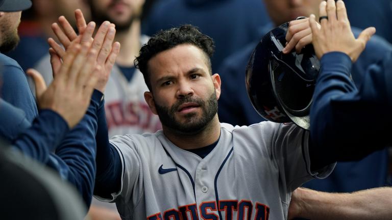 Houston Astros’ Jose Altuve celebrates scoring against the Chicago White Sox in the eighth inning during Game 4 of a baseball American League Division Series Tuesday, Oct. 12, 2021, in Chicago. (AP Photo / Nam Y. Huh)