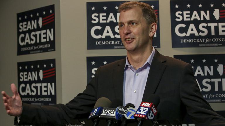 Sean Casten takes questions at a press conference Wednesday, Nov. 7, 2018 about his win in the election. (Bev Horne / Daily Herald via AP)