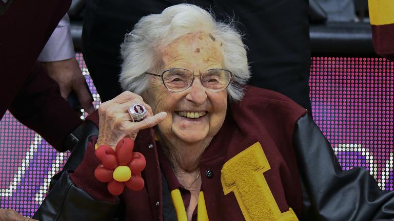 Loyola University of Chicago's Sister Jean shows off the NCAA Final Four ring she received Tuesday, Nov. 27, 2018 before an NCAA college basketball game between Loyola of Chicago and Nevada. (Matt Marton / AP Photo)