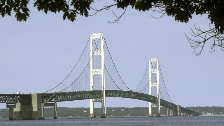 This July 19, 2002, file photo, shows the Mackinac Bridge that spans the Straits of Mackinac from Mackinaw City, Michigan. (Carlos Osorio / AP File Photo)