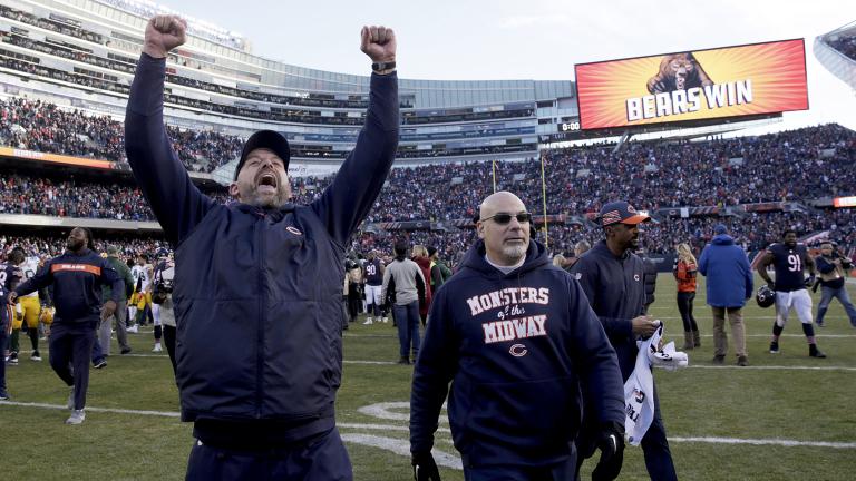 Chicago Bears head coach Matt Nagy celebrates after an NFL football game against the Green Bay Packers Sunday, Dec. 16, 2018, in Chicago. The Bears won 24-17. (David Banks / AP Photo)