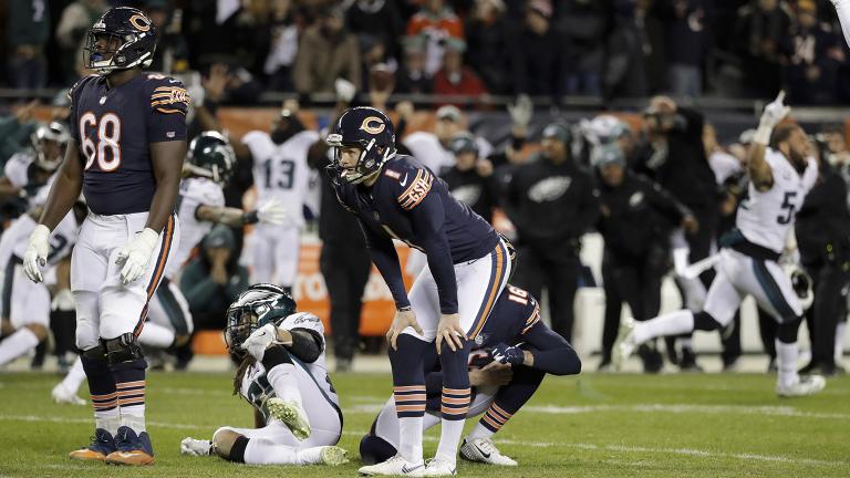 Chicago Bears kicker Cody Parkey (1) reacts after missing a field goal in the closing minute during the second half of an NFL wild-card playoff football game against the Philadelphia Eagles on Sunday, Jan. 6, 2019. (Nam Y. Huh / AP Photo)