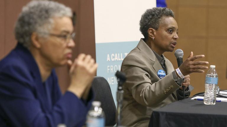 In this March 24, 2019 photo, Chicago mayoral candidate Lori Lightfoot, right, participates in a candidate forum sponsored by One Chicago For All Alliance at Daley College in Chicago. (AP Photo / Teresa Crawford) In this March 24, 2019 photo, Chicago mayoral candidate Lori Lightfoot, right, participates in a candidate forum sponsored by One Chicago For All Alliance at Daley College in Chicago. (AP Photo / Teresa Crawford)