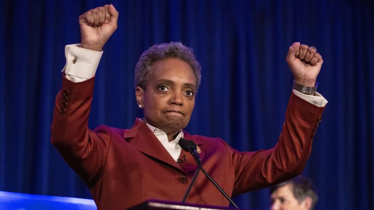 Lori Lightfoot celebrates at her election night rally at the Hilton Chicago after defeating Toni Preckwinkle in the Chicago mayoral election, Tuesday, April 2, 2019. (Ashlee Rezin / Chicago Sun-Times via AP)