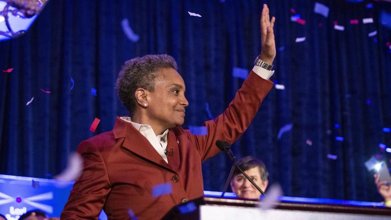 Lori Lightfoot celebrates at her election night rally at the Hilton Chicago after defeating Toni Preckwinkle in the Chicago mayoral election, Tuesday, April 2, 2019. (Ashlee Rezin / Chicago Sun-Times via AP)