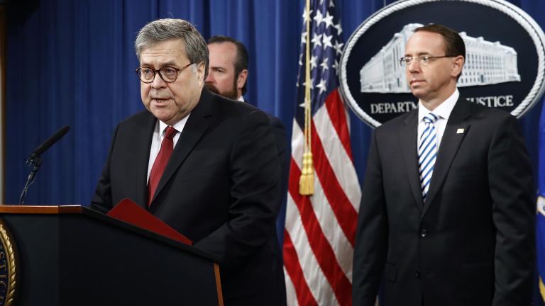 Attorney General William Barr speaks alongside Deputy Attorney General Rod Rosenstein, right, and Deputy Attorney General Ed O’Callaghan, rear left, about the release of a redacted version of special counsel Robert Mueller'’s report during a news conference, Thursday, April 18, 2019, at the Department of Justice in Washington. (AP Photo / Patrick Semansky)