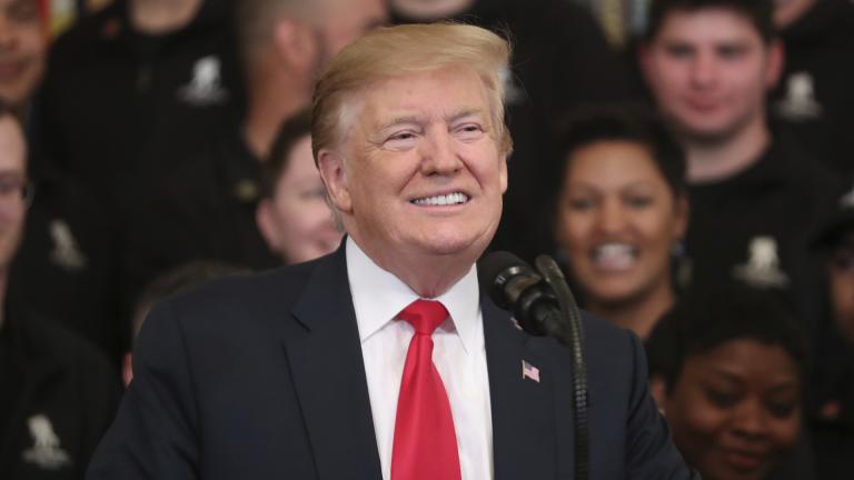 President Donald Trump speaks at a Wounded Warrior Project Soldier Ride event in the East Room of the White House, Thursday, April 18, 2019, in Washington. (AP Photo / Andrew Harnik)