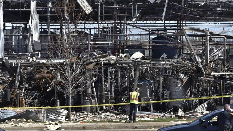 Emergency personnel work at the scene of an explosion at AB Specialty Silicones on Sunset Ave. and Northwestern Ave. on the border between Gurnee and Waukegan. The explosion happened Friday, May 3. (John Starks / Daily Herald via AP)