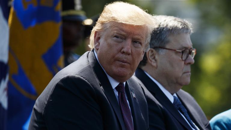 President Donald Trump sits with Attorney General William Barr during the 38th Annual National Peace Officers’ Memorial Service at the U.S. Capitol, Wednesday, May 15, 2019, in Washington. (AP Photo / Evan Vucci)