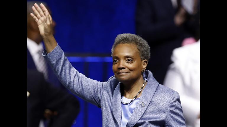 Chicago Mayor Lori Lightfoot waves after being sworn in during her inauguration ceremony Monday, May 20, 2019. (AP Photo / Jim Young)