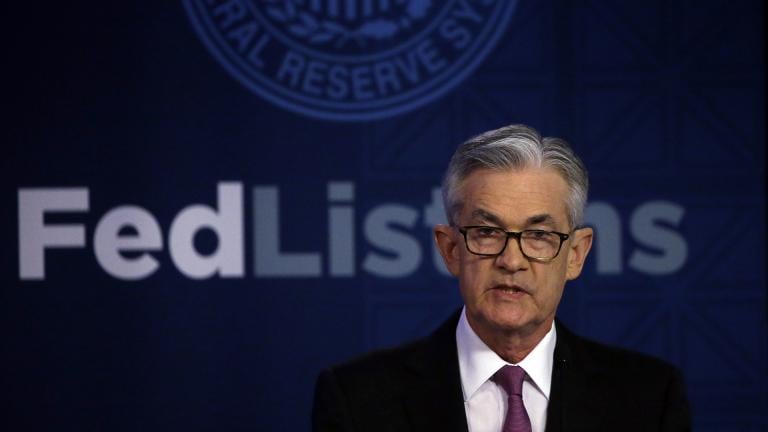 Federal Reserve Chairman Jerome Powell speaks Tuesday, June 4, 2019 at a conference involving its review of its interest-rate policy strategy and communications in Chicago. (AP Photo / Kiichiro Sato) Federal Reserve Chairman Jerome Powell speaks Tuesday, June 4, 2019 at a conference involving its review of its interest-rate policy strategy and communications in Chicago. (AP Photo / Kiichiro Sato)