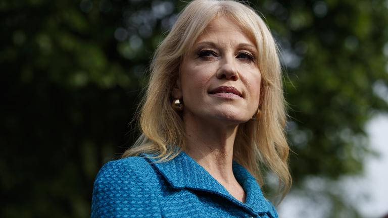 In this April 30, 2019 photo, White House counselor Kellyanne Conway talks with reporters outside the White House in Washington. (AP Photo / Evan Vucci)