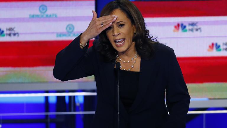 In this June 27, 2019, photo, Democratic presidential candidate Sen. Kamala Harris, D-California, gestures during the Democratic primary debate hosted by NBC News at the Adrienne Arsht Center for the Performing Arts in Miami. (AP Photo / Wilfredo Lee)