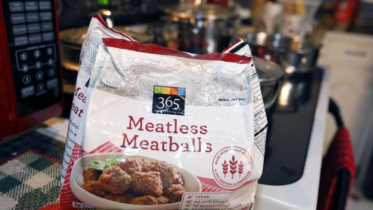 A federal lawsuit says Mississippi is violating free-speech rights by banning makers of plant-based foods from using terms such as “meatless meatballs,” “vegan bacon,” “beefless burger” or “beefless tips,” as displayed in a Jackson, Miss., home, Tuesday, July 2, 2019. (AP Photo / Rogelio V. Solis)