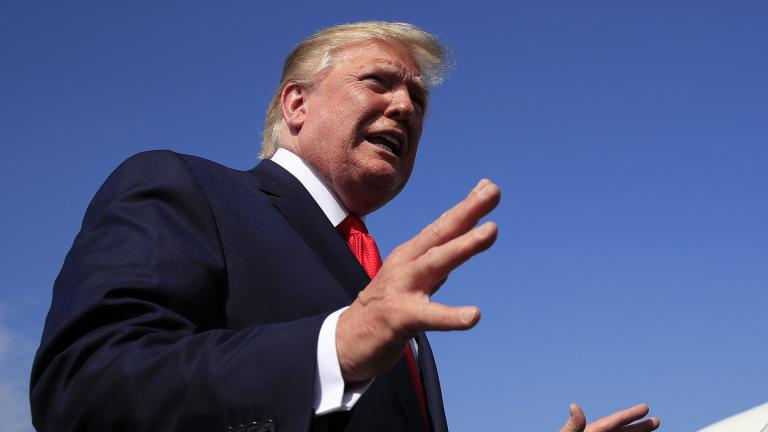 President Donald Trump speaks at Morristown Municipal Airport in Morristown, New Jersey, on his way returning back to the White House, Sunday, July 7, 2019. (AP Photo / Manuel Balce Ceneta)