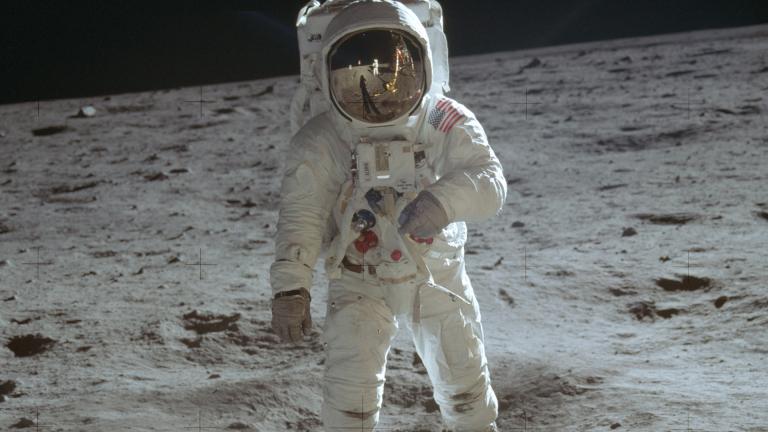 In this July 20, 1969 photo made available by NASA, astronaut Buzz Aldrin, lunar module pilot, walks on the surface of the moon during the Apollo 11 extravehicular activity. (Neil Armstrong / NASA via AP)