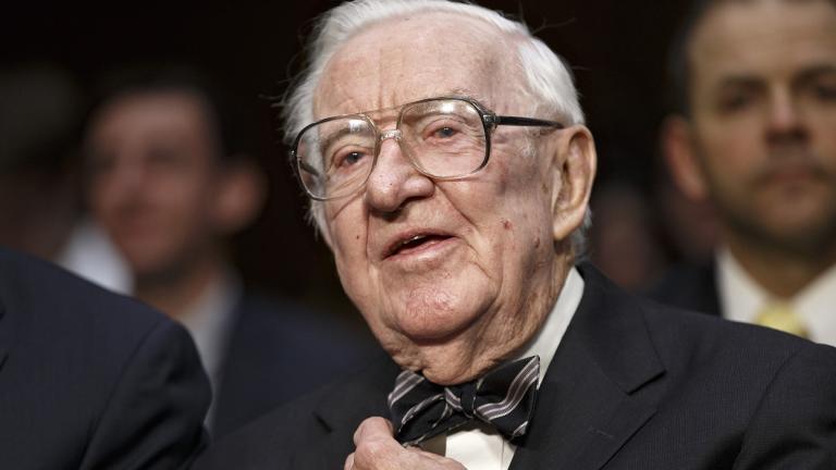 In this April 30, 2014 file photo, retired Supreme Court Justice John Paul Stevens prepares to testify on the ever-increasing amount of money spent on elections as he appears before the Senate Rules Committee on Capitol Hill in Washington. (AP Photo, File)