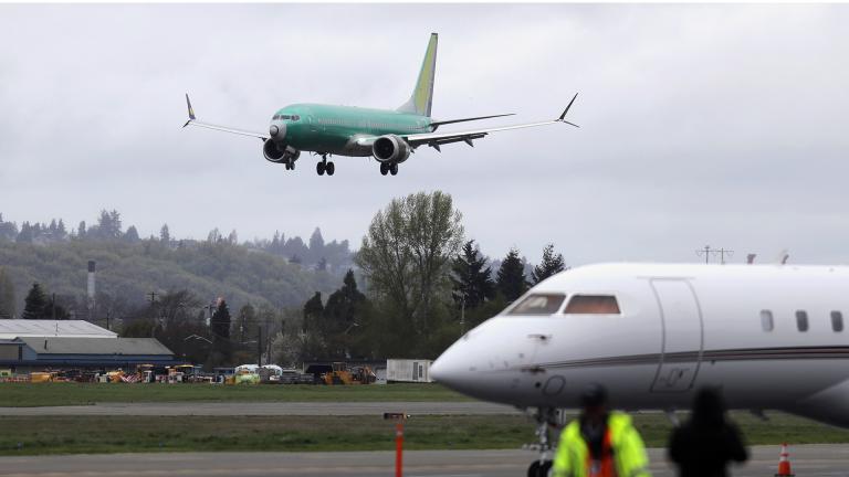 In this April 10, 2019, file photo a Boeing 737 MAX 8 airplane being built for India-based Jet Airways, top, lands following a test flight, Wednesday, April 10, 2019, at Boeing Field in Seattle. (AP Photo / Ted S. Warren, File) In this April 10, 2019, file photo a Boeing 737 MAX 8 airplane being built for India-based Jet Airways, top, lands following a test flight, Wednesday, April 10, 2019, at Boeing Field in Seattle. (AP Photo / Ted S. Warren, File)