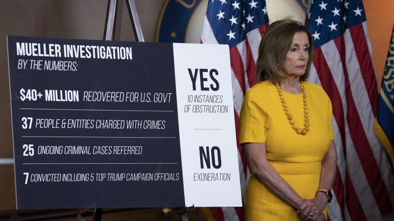 Speaker of the House Nancy Pelosi, D-California, stands beside a chart during a news conference following the back-to-back hearings with former special counsel Robert Mueller who testified about his investigation into Russian interference in the 2016 election, on Capitol Hill in Washington, Wednesday, July 24, 2019. (AP Photo / J. Scott Applewhite)