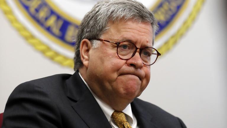 In this July 8, 2019 file photo, Attorney General William Barr speaks during a tour of a federal prison in Edgefield, South Carolina.  (AP Photo / John Bazemore)