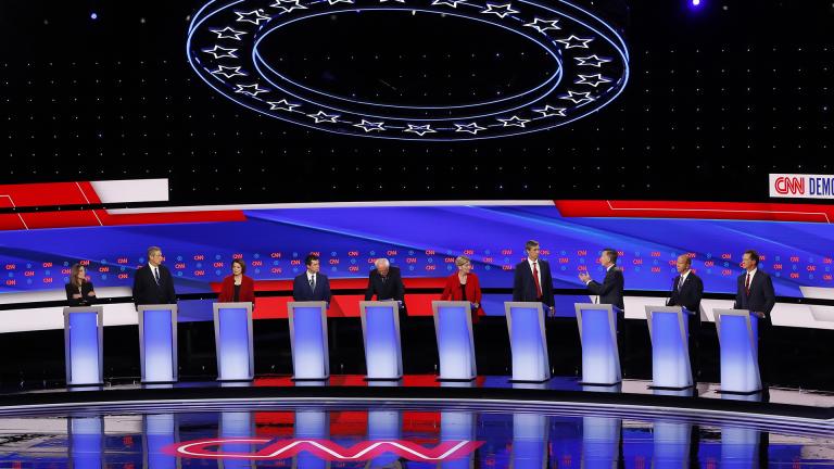 From left, Marianne Williamson, Rep. Tim Ryan, D-Ohio, Sen. Amy Klobuchar, D-Minn., South Bend Mayor Pete Buttigieg, Sen. Bernie Sanders, I-Vt., Sen. Elizabeth Warren, D-Mass., former Texas Rep. Beto O'Rourke, former Colorado Gov. John Hickenlooper, former Maryland Rep. John Delaney and Montana Gov. Steve Bullock participate in the first of two Democratic presidential primary debates hosted by CNN Tuesday, July 30, 2019, in the Fox Theatre in Detroit. (AP Photo / Paul Sancya)