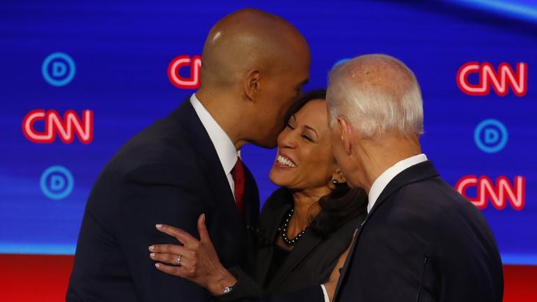 Sen. Cory Booker, D-New Jersey, former Vice President Joe Biden and Sen. Kamala Harris, D-California, talk after the second of two Democratic presidential primary debates hosted by CNN Wednesday, July 31, 2019, in the Fox Theatre in Detroit. (AP Photo / Paul Sancya)