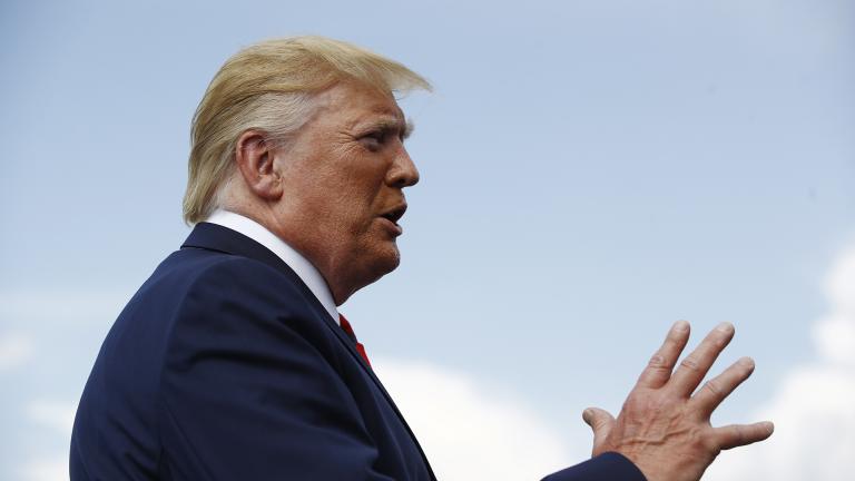 President Donald Trump speaks with reporters before boarding Air Force One at Morristown Municipal Airport in Morristown, New Jersey, Sunday, Aug. 18, 2019. (AP Photo / Patrick Semansky)
