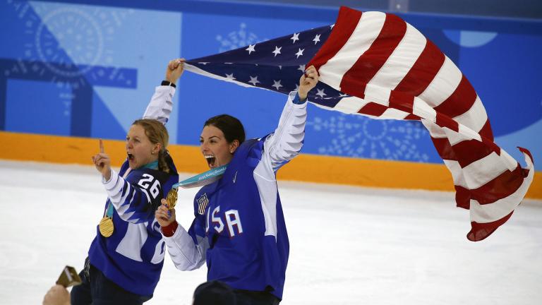 In this Feb. 22, 2018, file photo, United States' Kendall Coyne Schofield, left, and Hilary Knight celebrate after winning the women’s gold medal hockey game against Canada at the 2018 Winter Olympics in Gangneung, South Korea. (AP Photo / Jae C. Hong, File)