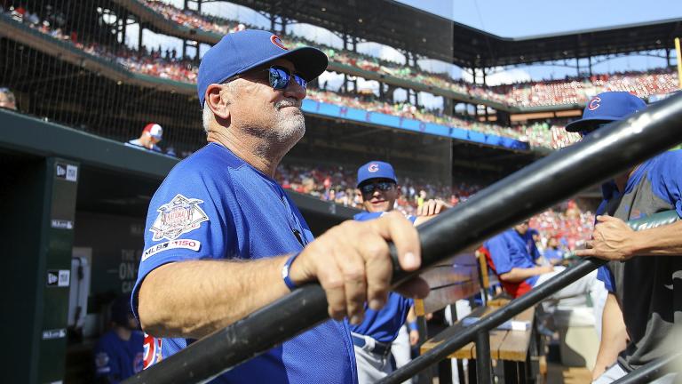 Chicago Cubs manager Joe Maddon looks out from the dugout prior to a baseball game against the St. Louis Cardinals, Sunday, Sept. 29, 2019, in St. Louis. (AP Photo / Scott Kane)