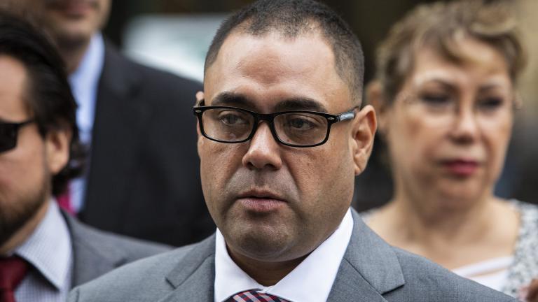 In this Sept. 25, 2019, file photo, Army veteran Miguel Perez Jr. speaks with reporters after a citizenship hearing with U.S. Citizenship and Immigration Services in Chicago. (Ashlee Rezin Garcia / Chicago Sun-Times via AP, File)